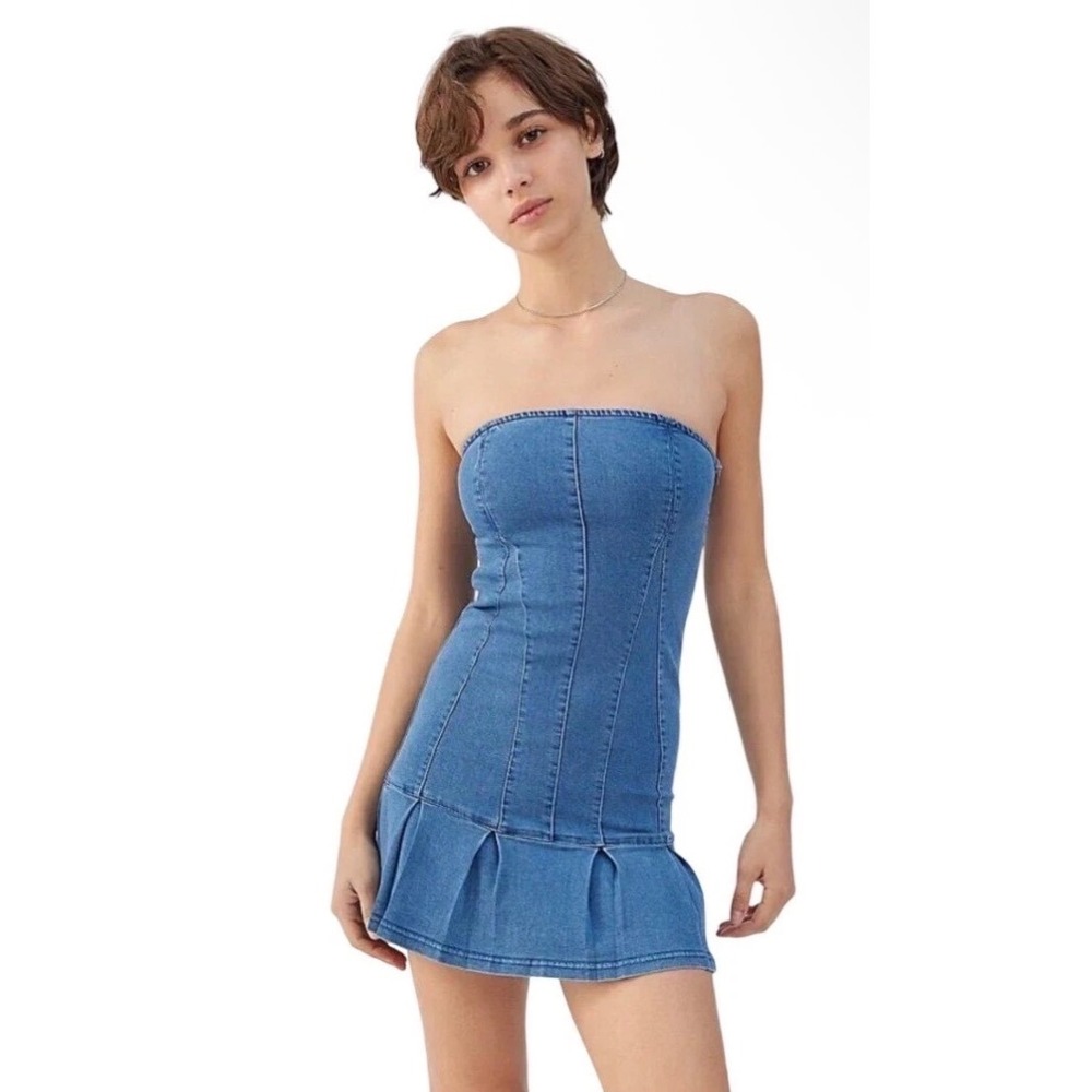 Urban Outfitters UO Brandi Denim Strapless Pleated Hem Mini Tube Dress Large NWT